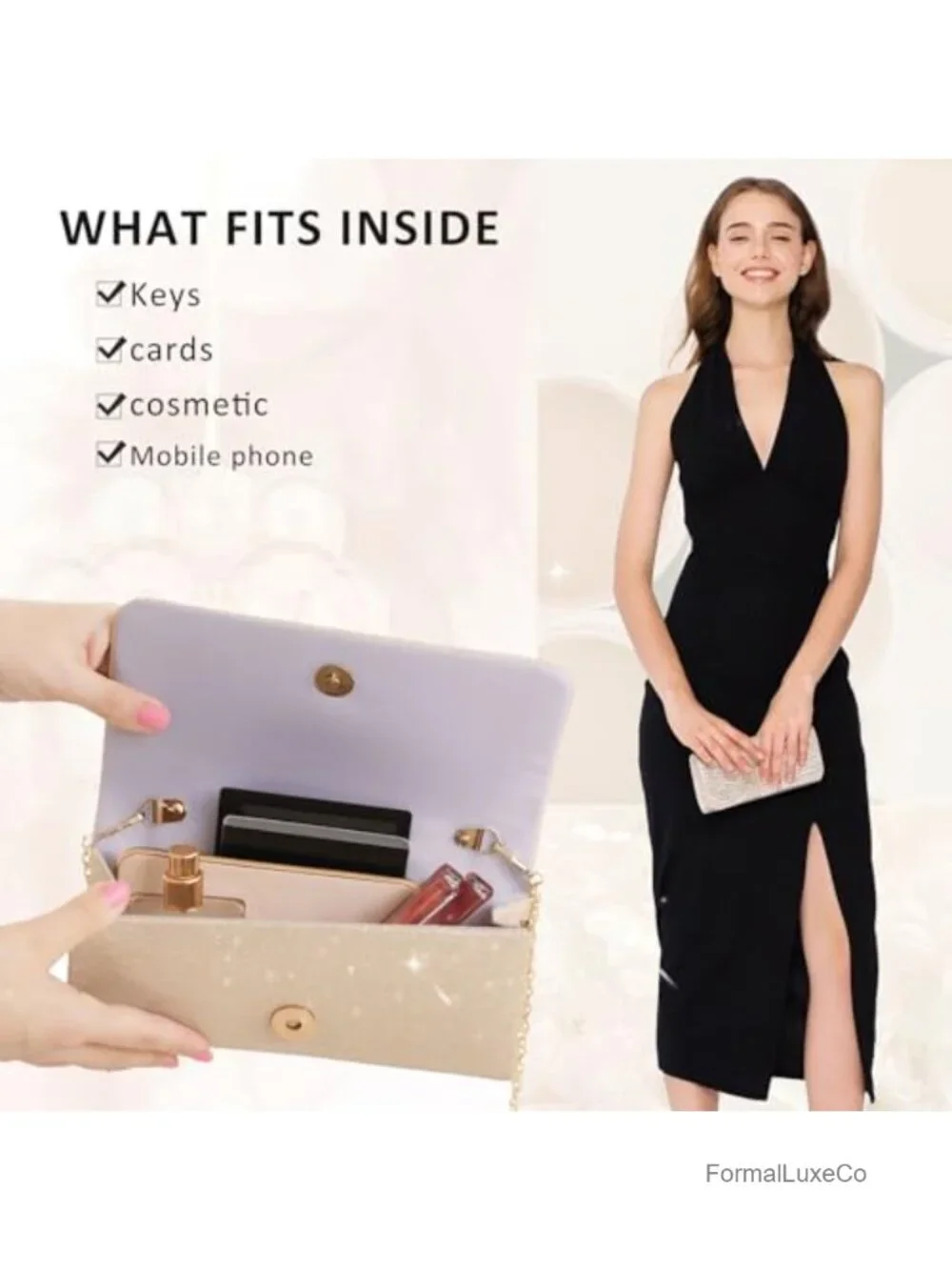 Evening Clutch Purse with Detachable Chain Sparkling Handbag